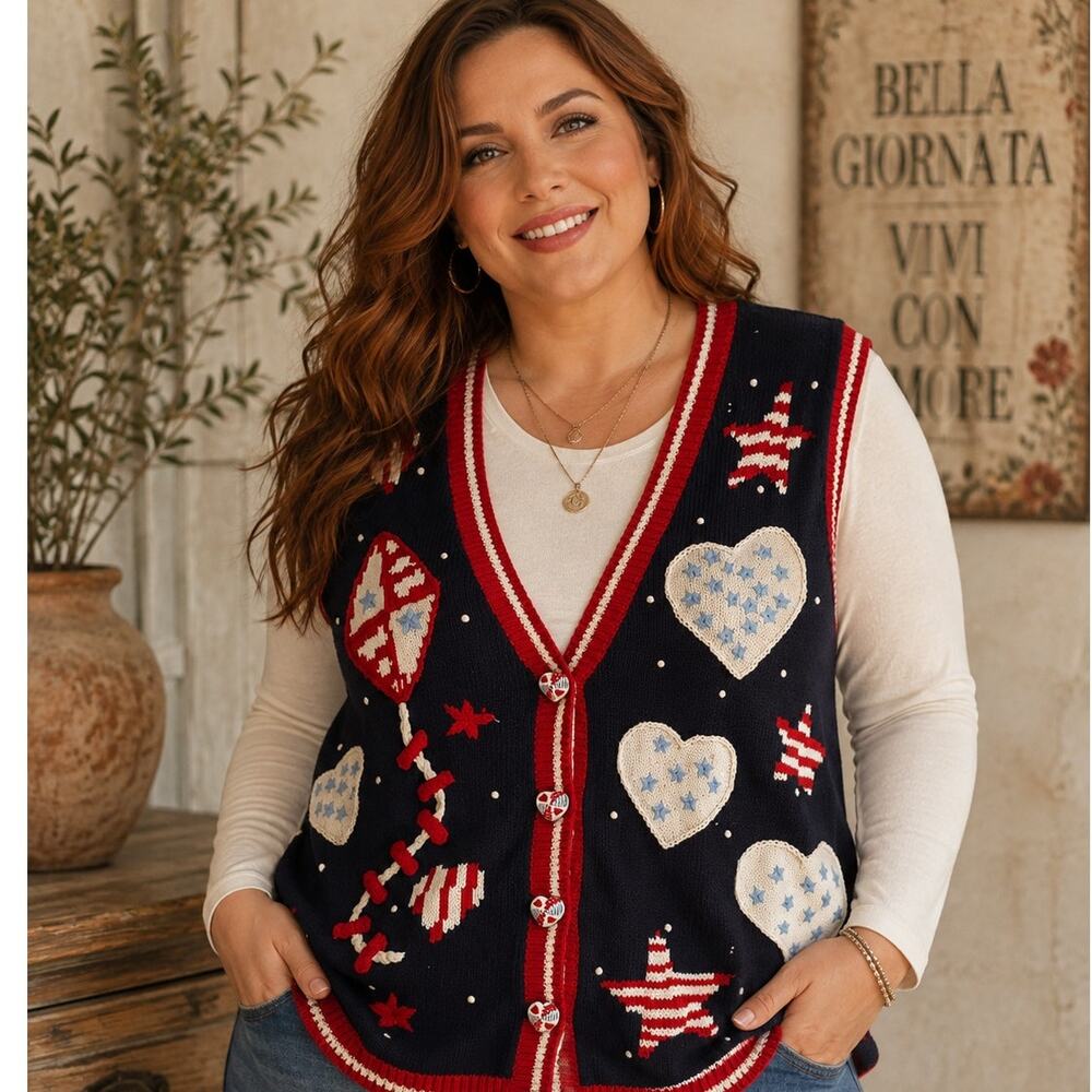 Eagles Eye Patriotic Parade Sweater Vest Womens Size 1X Hearts Kites Vintage